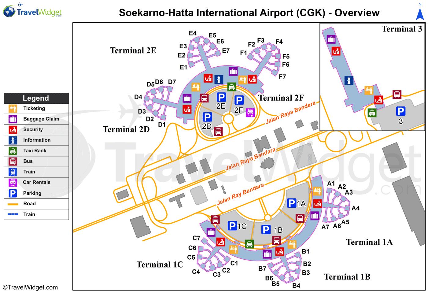 Jakarta lentokenttä terminaali kartta - Soekarno hatta airport terminal  kartta (Java - Indonesia)